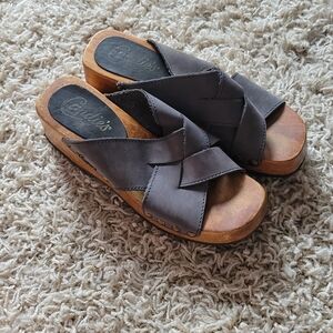 Candie's Gray Leather Mules with Wooden Sole